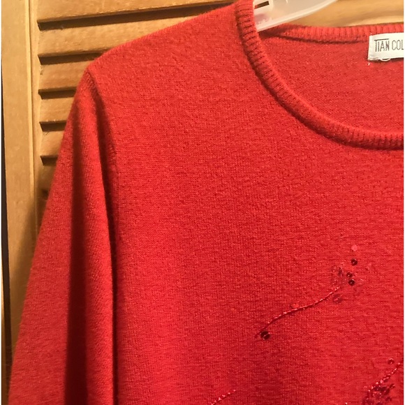 Tian Collection Red Knit Sweater with Sequins Front & Beaded Hem - Picture 5 of 16